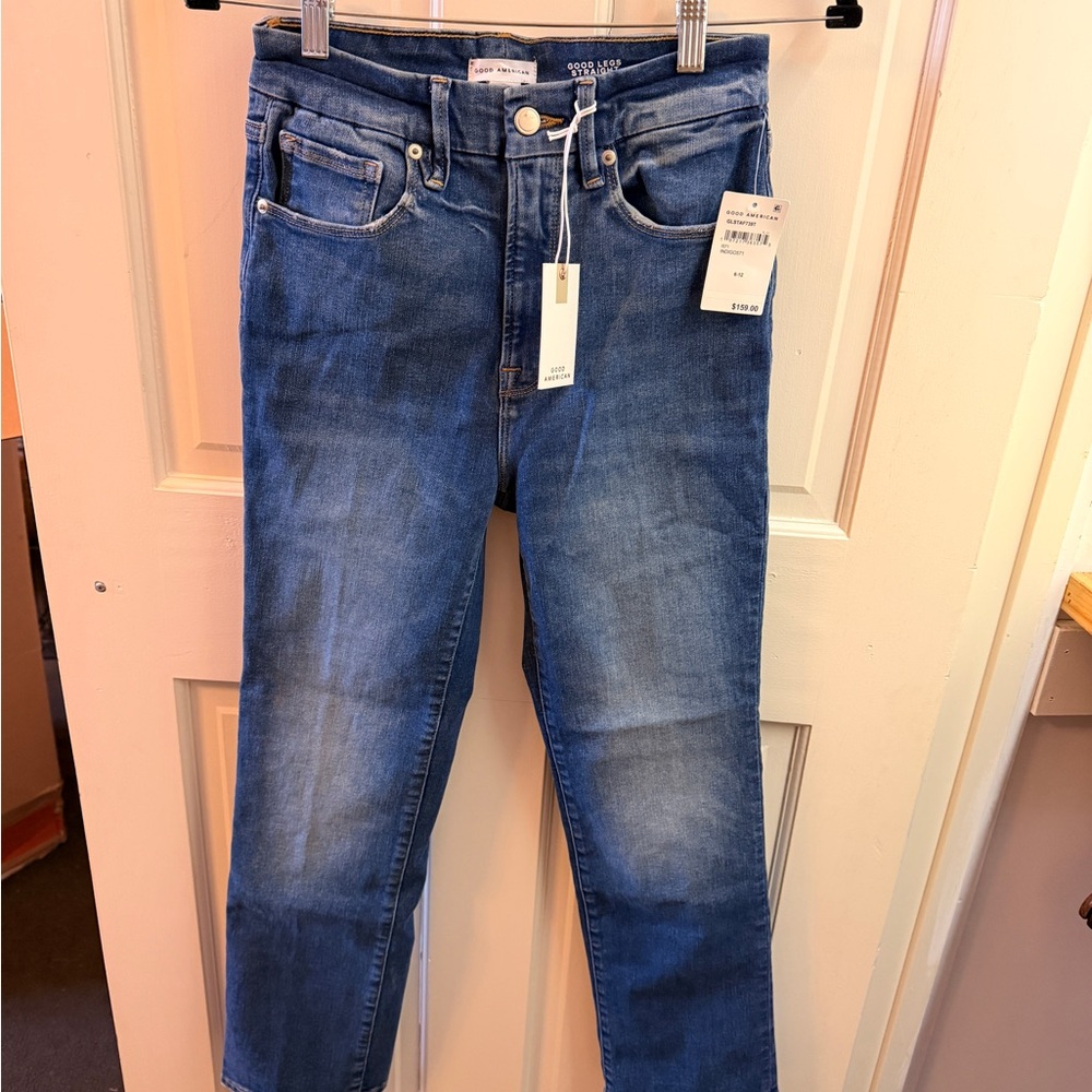 Good American Mid-Rise Straight Jeans in Blue